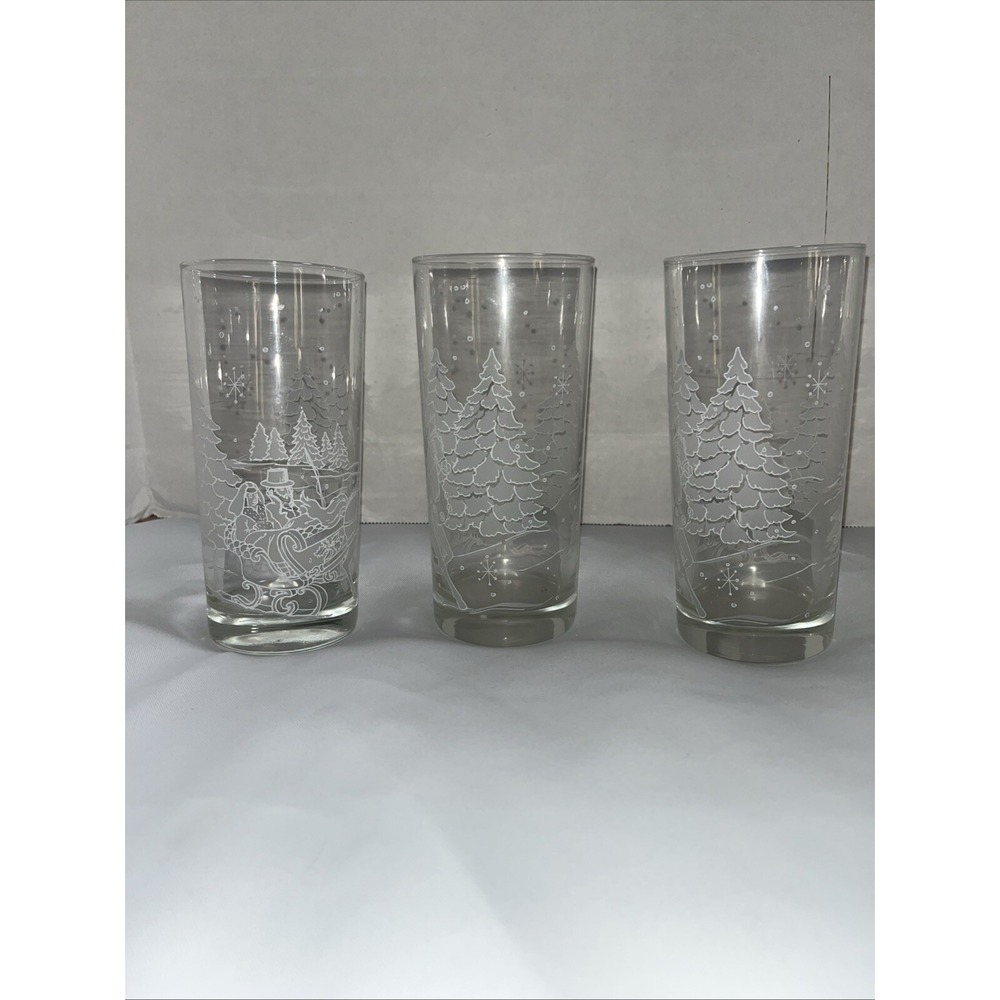 3 Libbey Glass Highball Tumbler Winter Wonder Land Scene Snow Frosted Trees Pine